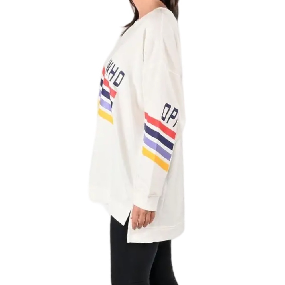 White Whoopi Long Sleeve Multicolor Stripe Logo French Terry Sweatshirt- Dubgee - Picture 3 of 6